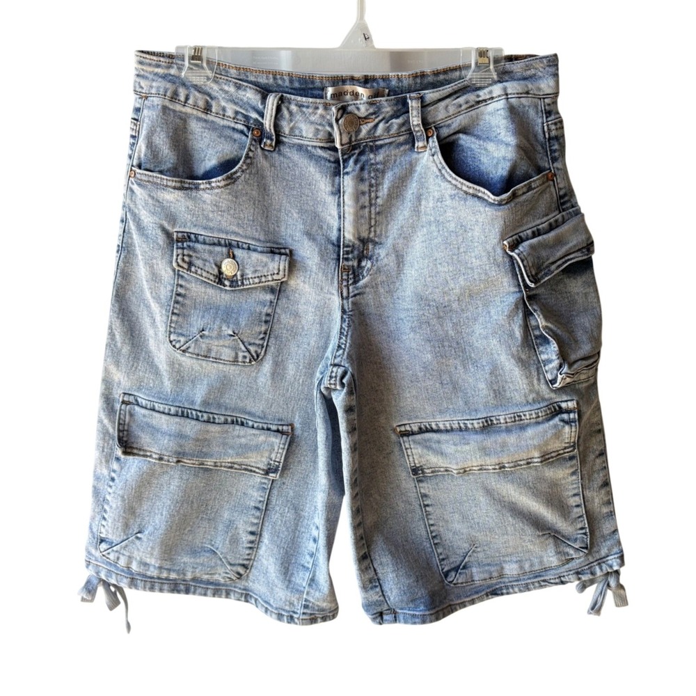 Y2K Madden Girl Denim Cargo Shorts Womens 12 Light Blue Acid Wash Utility Grunge